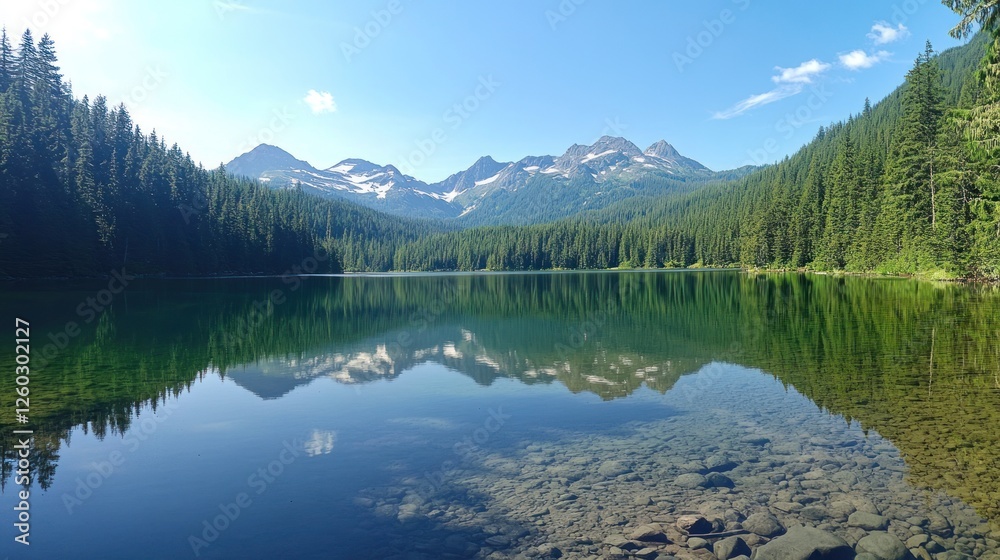 Serene mountain lake reflection on clear day beneath a blue sky Serene mountain lake reflection on clear day beneath a blue sky
