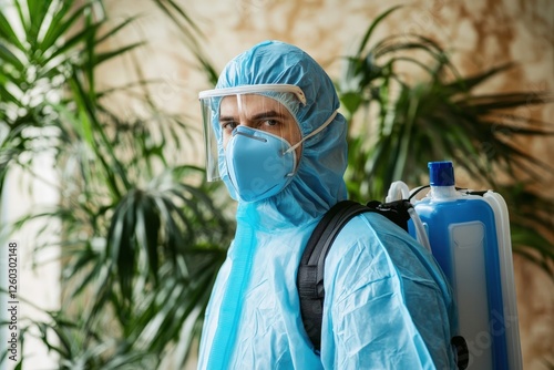 Office Disinfection: Man in Protective Suit Sterilizing Office. Virus Cleaning and Hygiene Concept photo