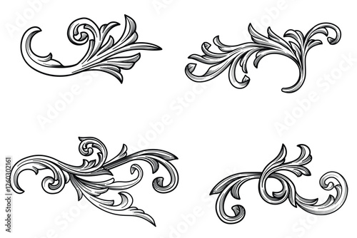Set art deco floral ornaments elements. Baroque, filigree, flourish engraving Ornamental design, lace border, frame and corners vector illustration