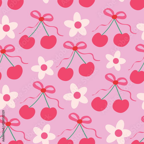 Cute cherries with preppy red bows and white flowers seamless pattern on pink background. For fabric, home décor and textile