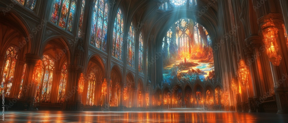 Obraz premium Illuminated gothic hall, vibrant stained glass, fiery landscape