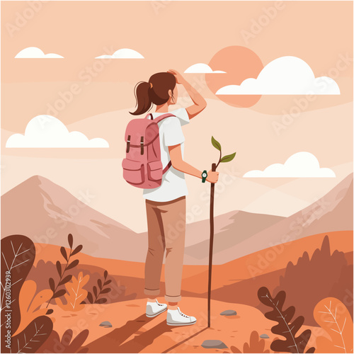 Woman Hiking in Mountains with Backpack and Walking Stick Illustration