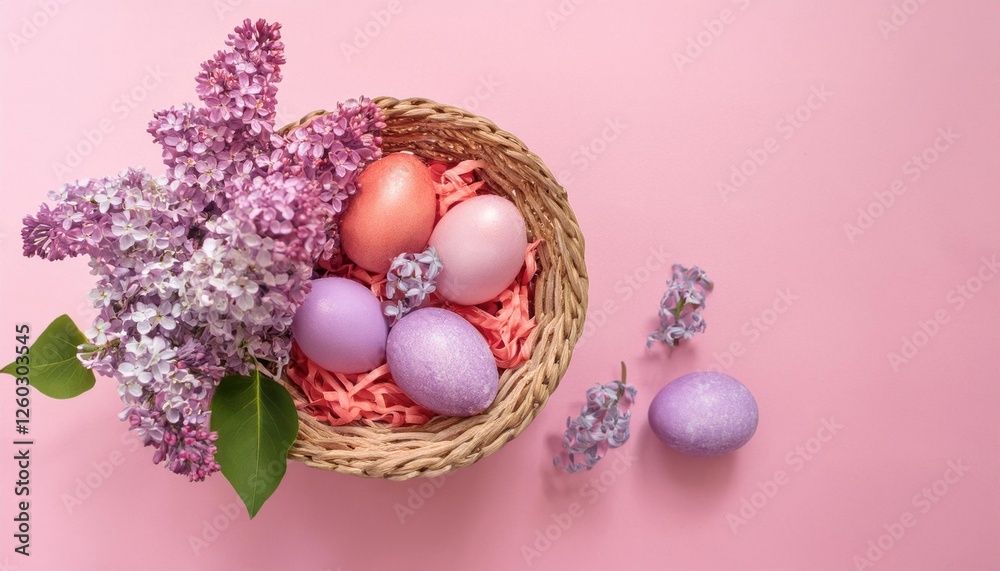 Easter eggs in a basket with lilac flowers on a pink background Easter eggs in a basket with lilac flowers on a pink background