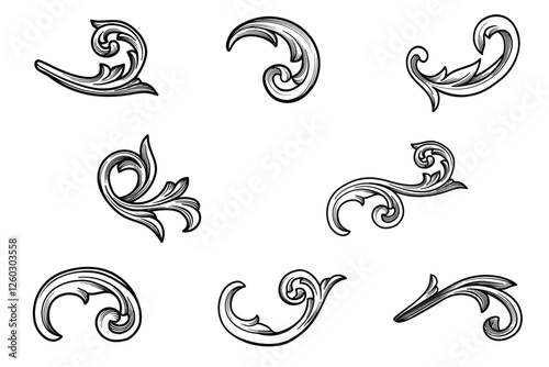 Set Swirl, scroll floral classic element. Victorian ornamental borders frame. Vintage decorative baroque engraved vector illustration