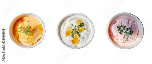 Wallpaper Mural Three Scoops of Summer: An enticing assortment of three colorful ice cream scoops in paper cups, each with a sprig of fresh mint for a touch of elegance. Perfect for showcasing your summery treats. Torontodigital.ca