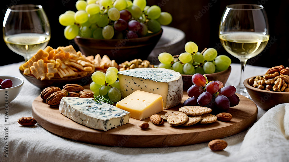 An appetizer for the guests. A cheese plate. A plate of cheese with mold, nuts, grapes and glasses of wine. An appetizer for the guests. A cheese plate. A plate of cheese with mold, nuts, grapes and glasses of wine.