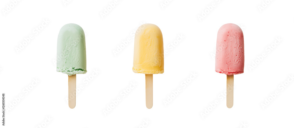 Summertime Popsicles Trio: Three vibrant popsicles – mint, lemon, and strawberry – arranged in a row, ready to cool you down on a hot summer day. Summertime Popsicles Trio: Three vibrant popsicles – mint, lemon, and strawberry – arranged in a row, ready to cool you down on a hot summer day.