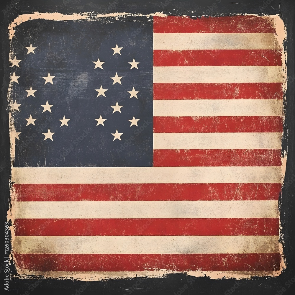 Naklejka premium A rustic blank chalkboard framed with a weathered vintage American flag, symbolizing patriotism, tradition, and space for personal messages or announcements with a nostalgic Americana touch.