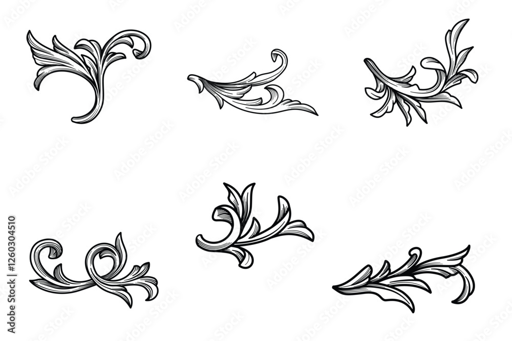 Black ink hand drawing Japanese filigree calligraphic vector illustration. Victorian baroque engraving  decoration classic ornamental