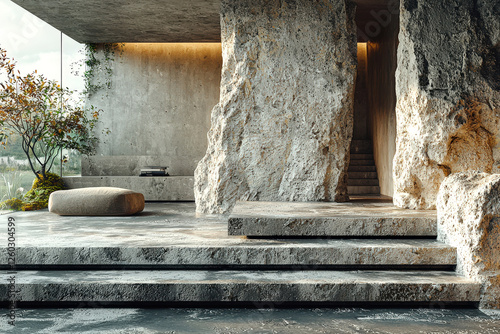 Modern minimalist interior with stone elements and natural lighting