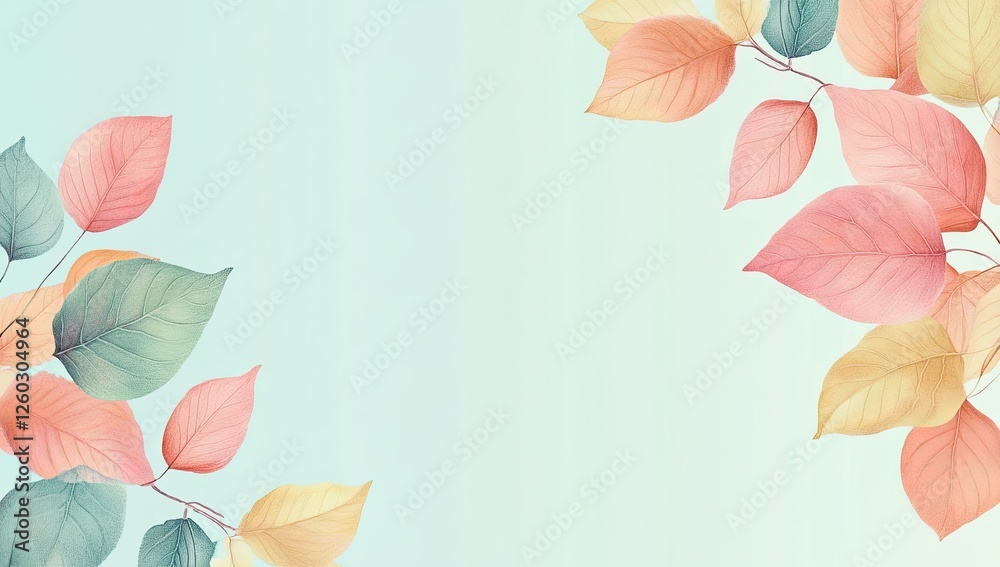 Fototapeta premium Pastel autumn leaves border on light blue background