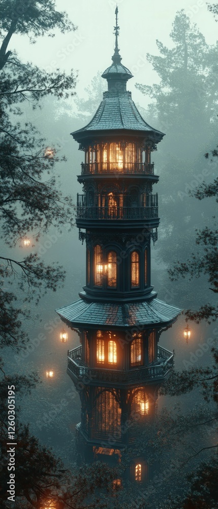 Fototapeta premium Enchanting tower glows warmly amidst misty woods