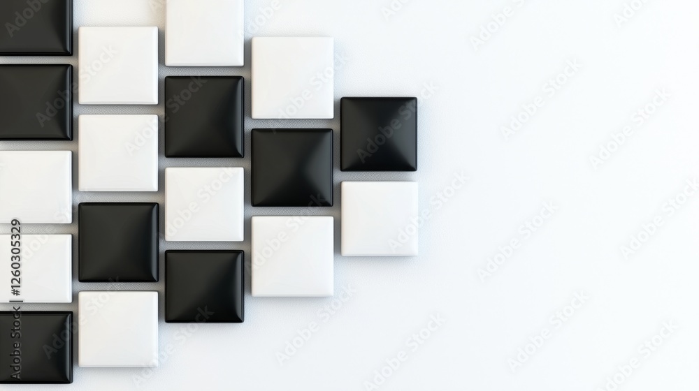 a white wall with black and white tiles arranged in a pattern The tiles are of varying sizes and shapes, creating a unique and eye-catching design The contrast be a white wall with black and white tiles arranged in a pattern The tiles are of varying sizes and shapes, creating a unique and eye-catching design The contrast be