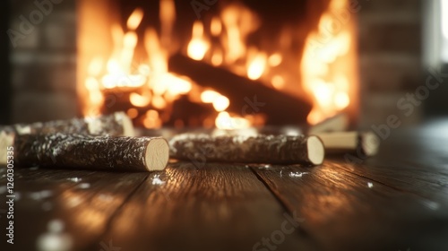 A cozy scene of wooden logs carefully stacked by the hearth, illuminated by the hearth's warming flames, evoking a sense of home and rustic charm. photo