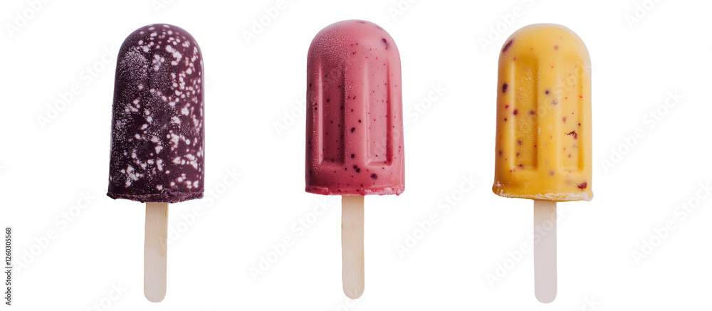 Summer Treat Trio: Three vibrant frozen popsicles—chocolate, berry, and mango—arranged in a visually appealing row, promising a refreshing burst of summer flavors. Summer Treat Trio: Three vibrant frozen popsicles—chocolate, berry, and mango—arranged in a visually appealing row, promising a refreshing burst of summer flavors.