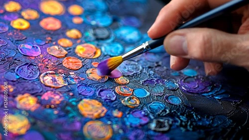 Artist hand painting vibrant dots, close-up