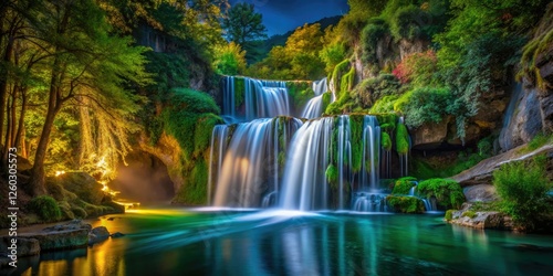 Night photography captures Palaiokaria Waterfall's ethereal glow in Trikala, Greece's magical landscape. photo