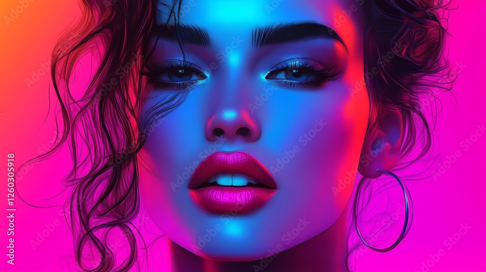Fototapeta premium Neon portrait of a woman with bright makeup and wavy hair style