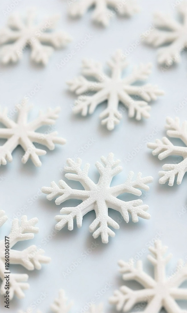 White snowflakes on a pale blue background, winter holiday theme, ideal for seasonal greetings White snowflakes on a pale blue background, winter holiday theme, ideal for seasonal greetings