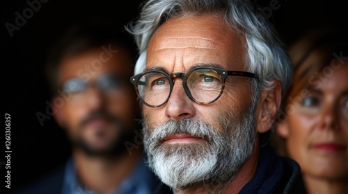Senior man with gray beard wearing glasses looking forward confidently with group professionals in background, conveying experience, leadership, wisdom, and trust in corporate environment.