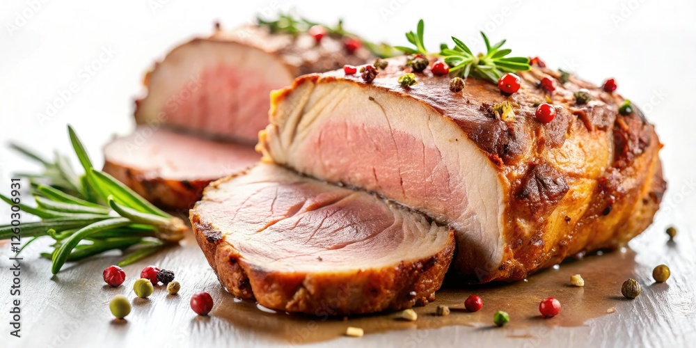 Perfectly styled juicy pork tenderloin, gleaming against a white background. A delectable image for culinary inspiration. Perfectly styled juicy pork tenderloin, gleaming against a white background. A delectable image for culinary inspiration.