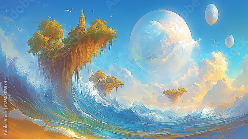 Floating islands, tranquil waves, fantastical seascape, ethereal paradise