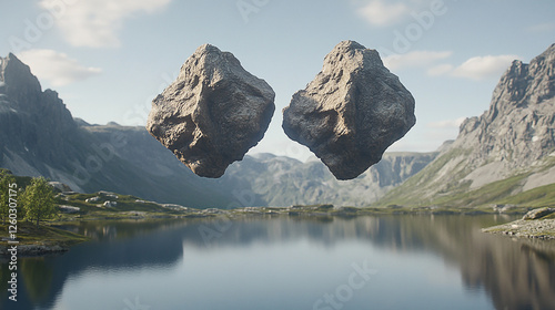 Floating rocks over alpine lake, surreal landscape