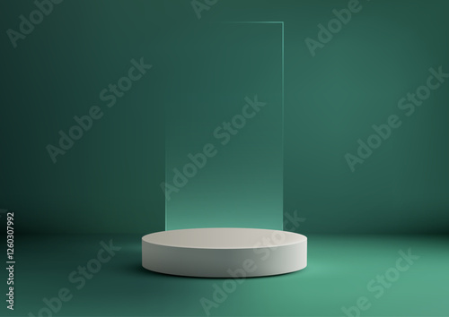 minimalist green teal scene with 3d smooth white cylindrical podium sleek glass backdrop modern mockup for product showcase branding stylish presentation and aesthetic design