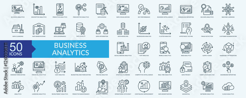 Business analytics icon collection set with business analytics,  descriptive analytics, predictive analytics, prescriptive analytics, data mining