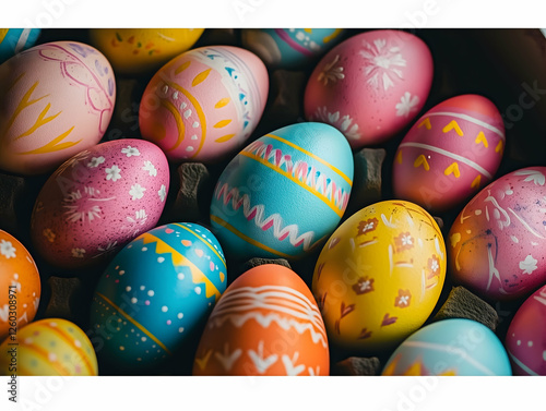  A close-up of beautifully decorated Easter eggs in vibrant pink, blue, and yellow tones. Each egg features unique hand-painted patterns, showcasing creativity and festive tradition.  photo