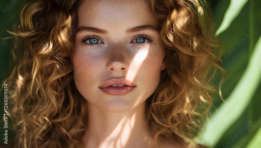 Fototapeta premium Portrait of Attractive Woman with Curly Hair, Blue Eyes, and Tanned Skin