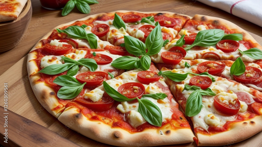 A close-up shows a vibrant pizza on a wooden board, adorned with fresh basil, tomatoes, and mozzarella. A close-up shows a vibrant pizza on a wooden board, adorned with fresh basil, tomatoes, and mozzarella.