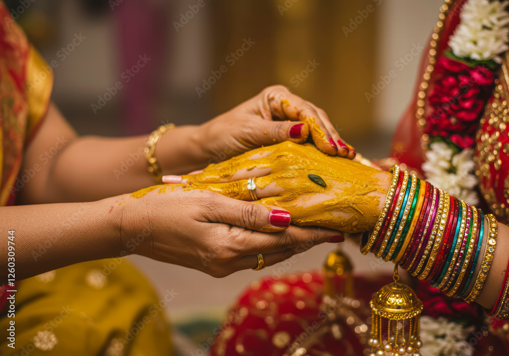 Fototapeta premium Joyous Haldi Ceremony with Vibrant Turmeric Rituals in a Traditional Indian Wedding Celebration