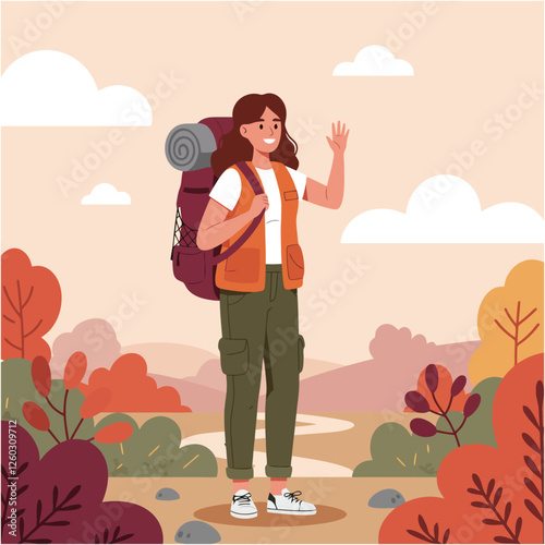 Woman Hiking with Backpack and Waving Hand on Outdoor Trail