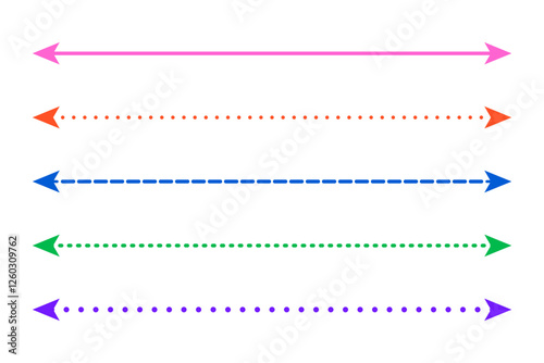 Set of colorful long double arrow icon. Dashed, dotted double arrows