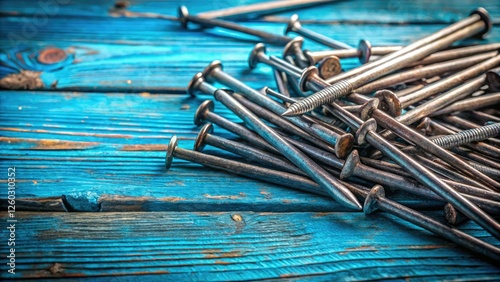 Sharp product photography: iron nails displayed on a rich blue wood background.