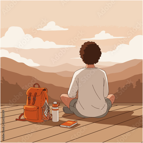 Person Meditating Outdoors with Mountain View Illustration for Travel and Wellness