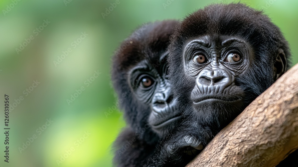 Obraz premium two baby mountain gorillas sitting on top of a tree branch, their black fur contrasting against the green background