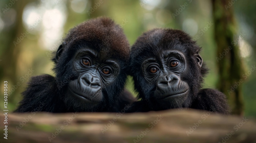 Obraz premium two baby mountain gorillas sitting on top of a tree branch in the foreground, with a blurry background The gorillas are black in color and appear to be looking at