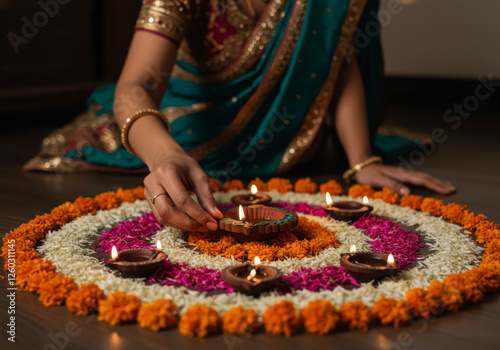 Young Indian Woman Decorating with Oil Lamps and Floral Rangoli, Embracing Diwali Traditions and Spirituality