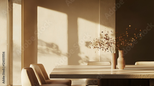 Warm light illuminating dining table and chairs with vase and branches, in minimal and stylish interior design, inviting atmosphere