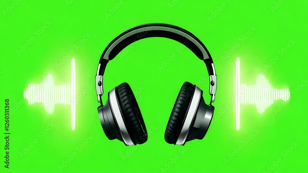 Modern black and silver over-ear headphones with glowing sound wave graphics on a vibrant green background, symbolizing music, audio, and technology.
