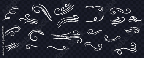 Set of black motion lines. Collection of modern abstract wind symbols. Hand drawn by wax, chalk or charcoal pen cartoon curly squiggle, craft weather hurricane sign. Vector illustration