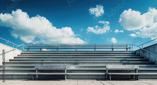 Panorama of Bleachers with Railings, Seating Bench, Close-up Against Building and Cloudy Blue Sky
