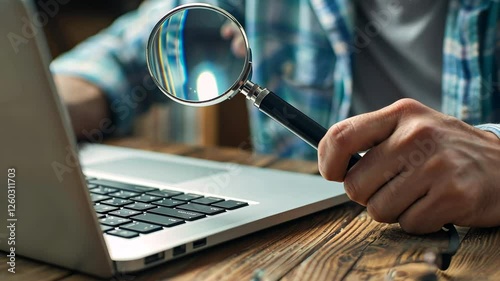 A focused individual uses a magnifying glass to closely examine something on a laptop in a warm, inviting workspace filled with wooden textures and natural light.