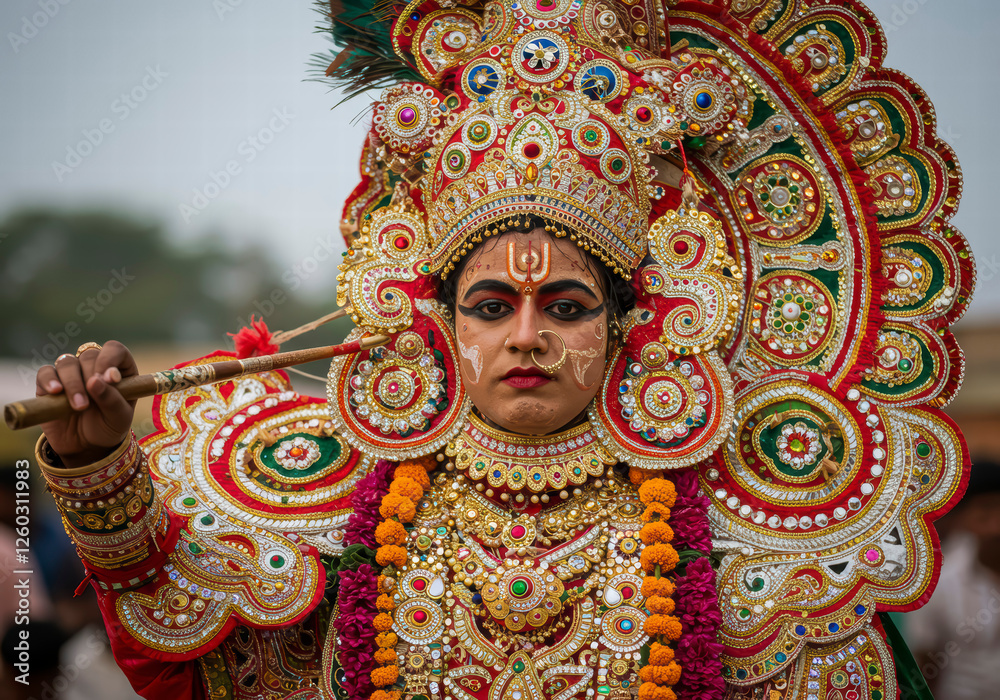 Fototapeta premium Vibrant Kulasai Dussehra Festival Scene Featuring Participant in Elaborate Cultural Attire