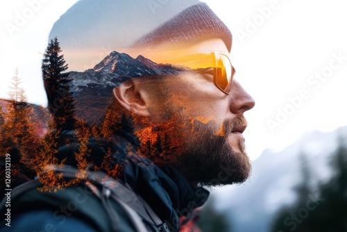 Male adventurer's mountain journey double exposure with forest and sunset.