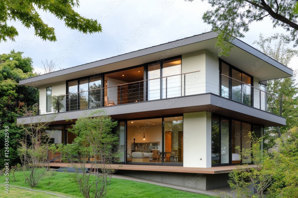 Fototapeta premium Modern two-story house with large windows.