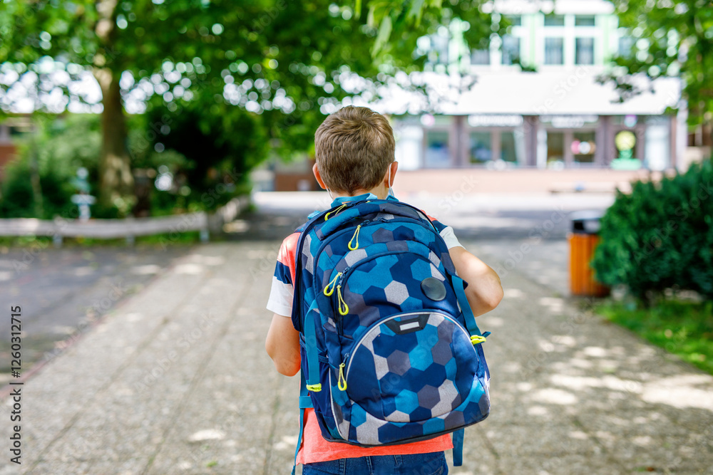 Happy little kid boy with satchel. Schoolkid on the way to middle or high school. Healthy adorable child outdoors on school yard. Back to school. Building on background. Happy little kid boy with satchel. Schoolkid on the way to middle or high school. Healthy adorable child outdoors on school yard. Back to school. Building on background.