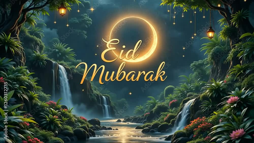 Eid Mubarak with crescent moon and stars Concept of Islamic celebration